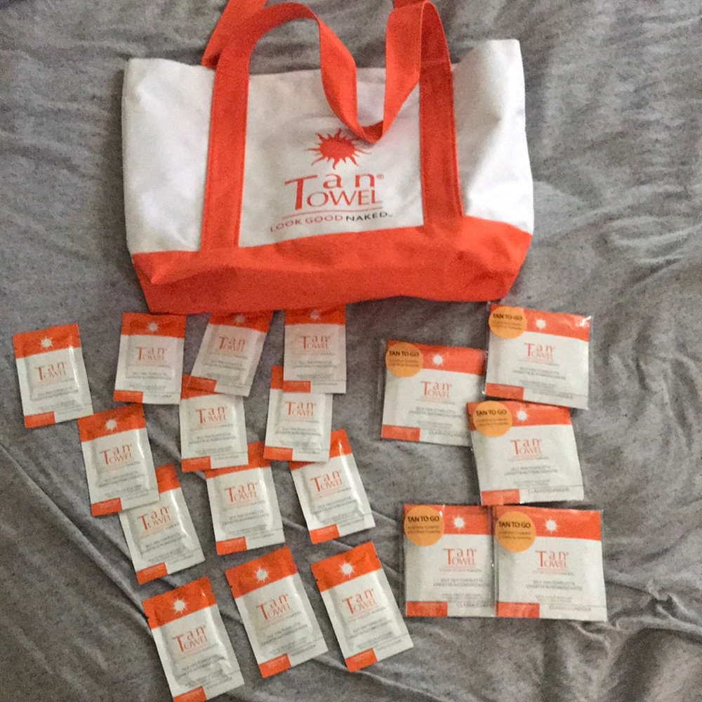 23 half body tan towels , 10 full body with bag